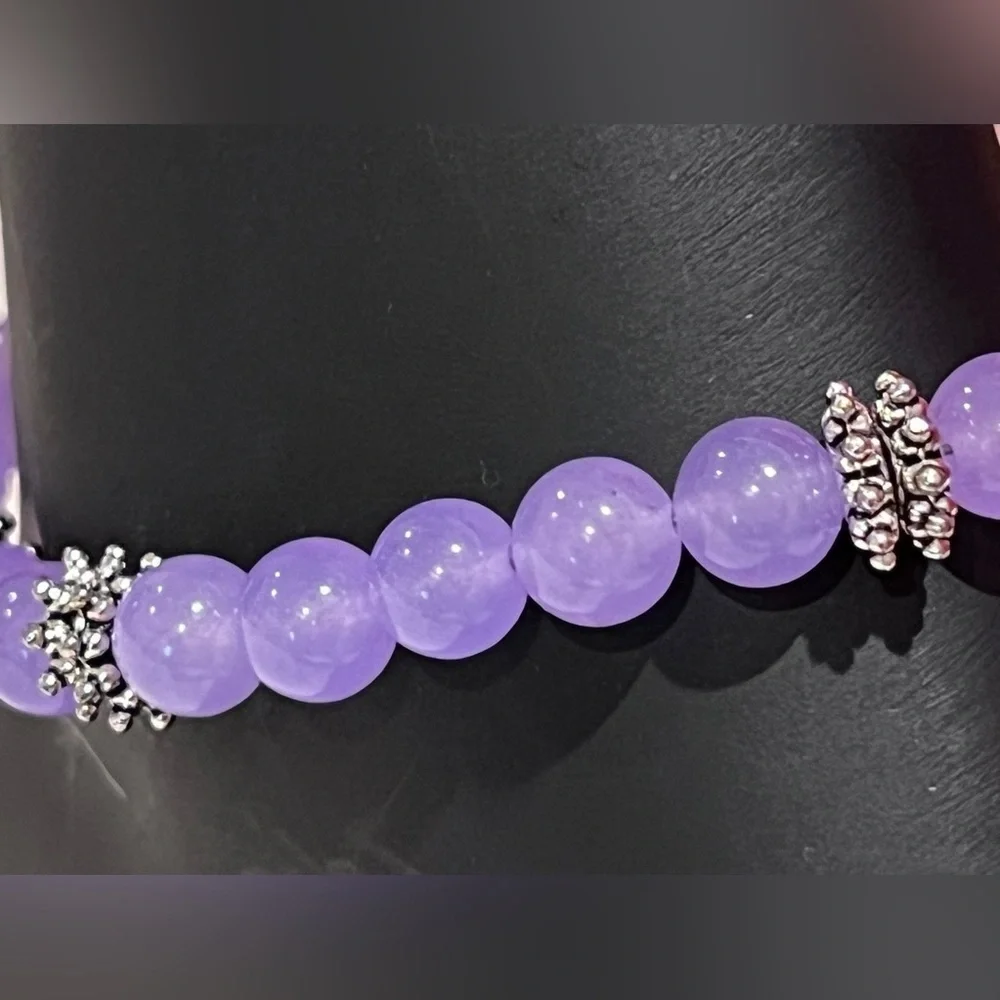 Lavender Jade Handmade Beaded Ankle Bracelet with Silver Daisy Accents